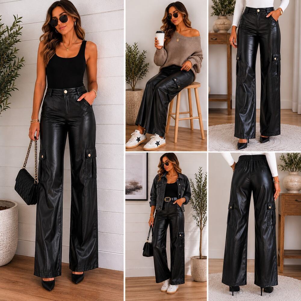 Haute Monde Black Faux Leather Wide Leg Cargo Pants Size Medium Pull-On